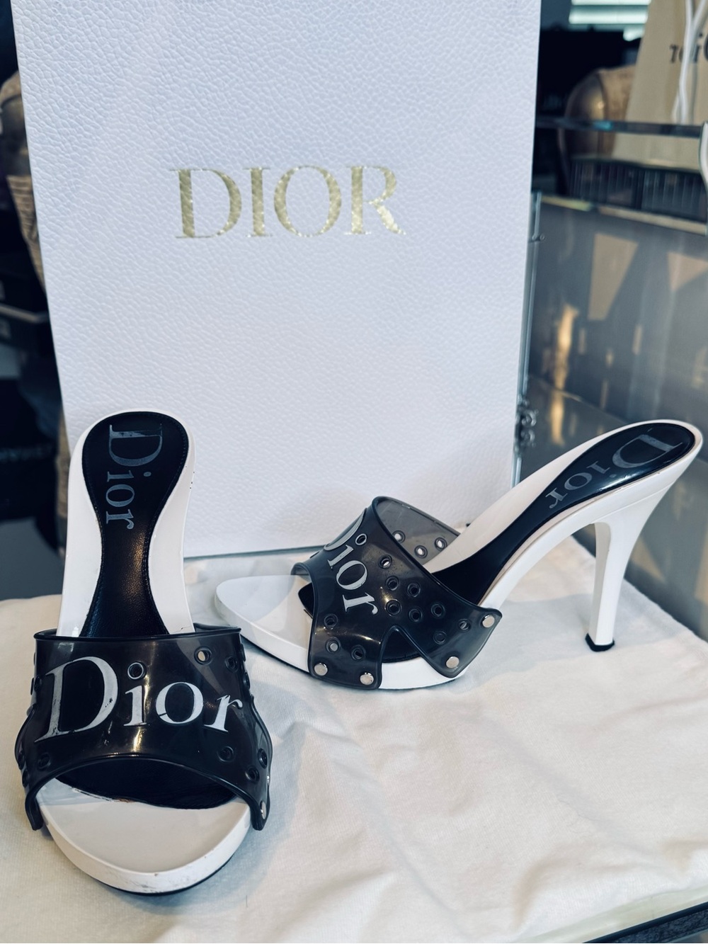 Vintage Dior Glossy Mule Heels 37.5 Black White Logo Y2K Galliano 10cm Box